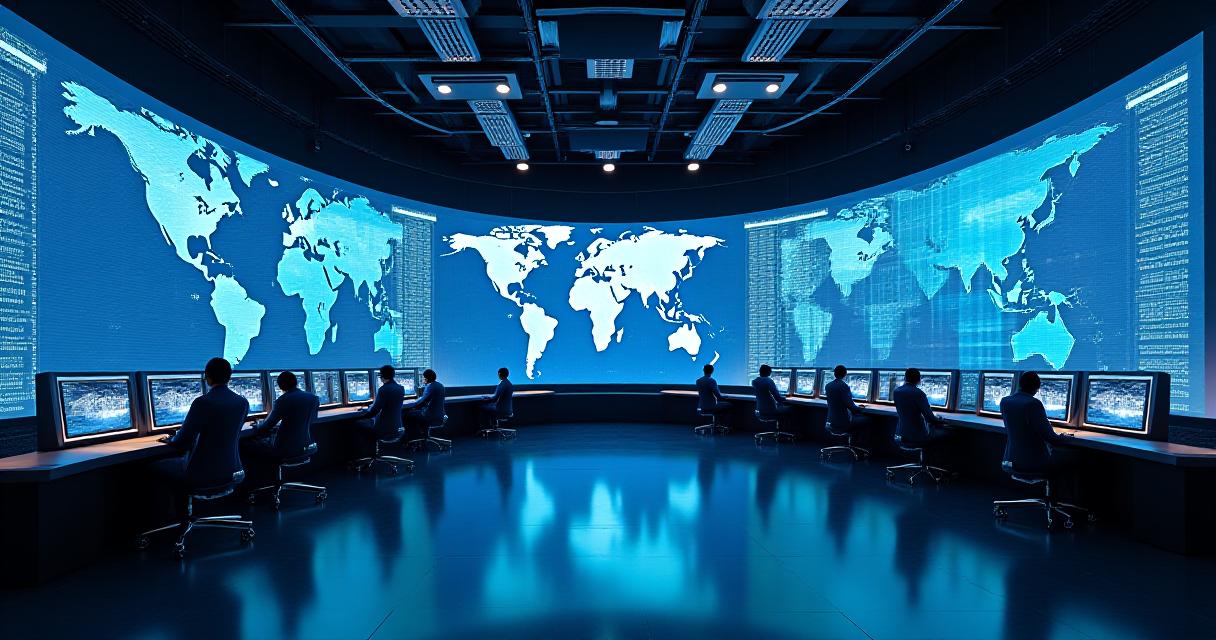 High-tech logistics control center with digital displays