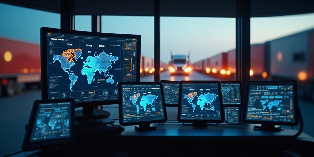 Modern logistics operations dashboard overlooking a heavy-duty trucking fleet in Houston
